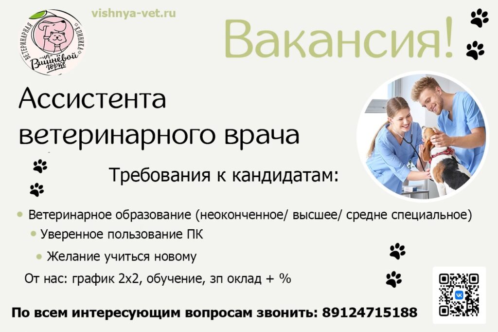 Приглашаем на работу ассистента ветеринарного врача.